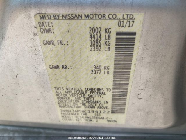 1N4BL3AP9HC194122 Nissan Altima 3.5 Sr