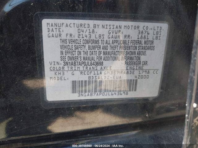3N1AB7AP0JL643698 Nissan SENTRA SV