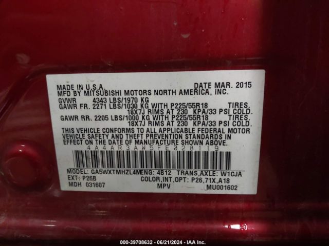 4A4AR3AW5FE028119 Mitsubishi Outlander Sport Es