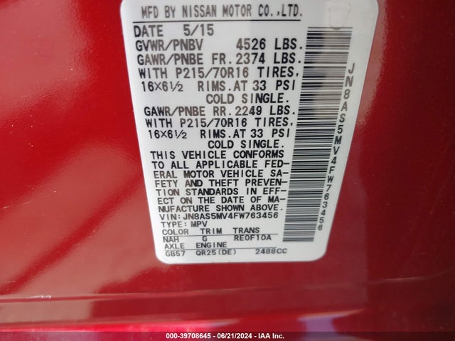 JN8AS5MV4FW763456 Nissan Rogue Select S