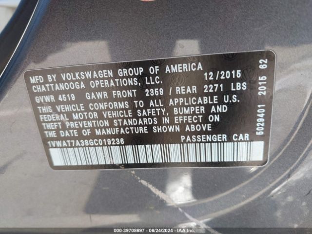 1VWAT7A38GC019236 Volkswagen Passat 1.8t S