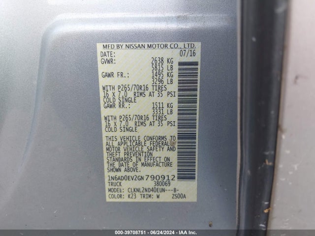 Nissan Frontier Pro-4x/s/sl/sv 2016 1N6AD0EV2GN790912 Image 9