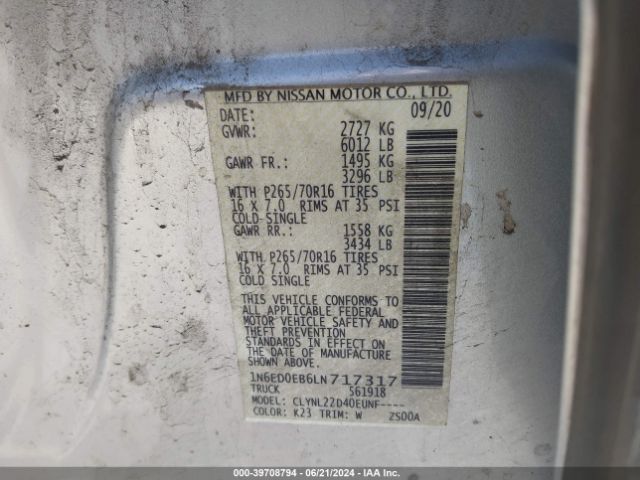1N6ED0EB6LN717317 Nissan Frontier Sv 4x4