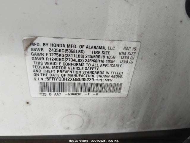 5FRYD3H2XGB005229 Acura Mdx Acurawatch Plus Package