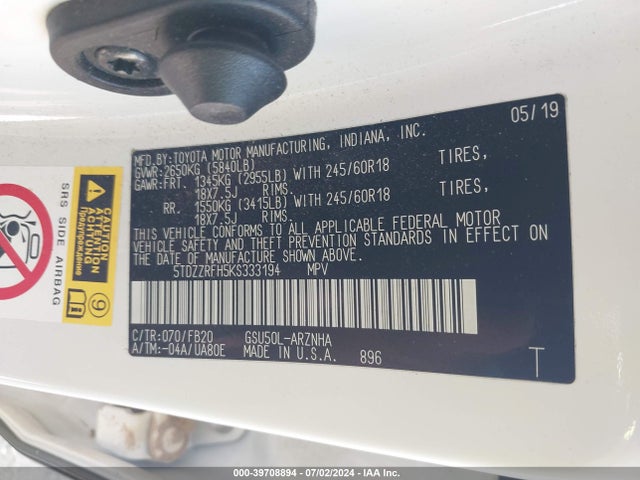 5TDZZRFH5KS333194 Toyota Highlander Le