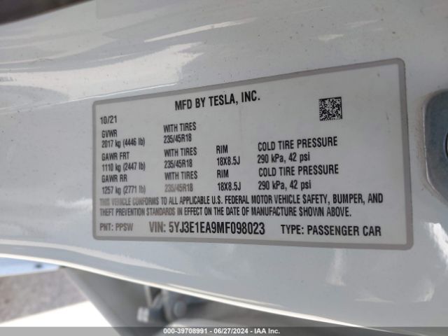 5YJ3E1EA9MF098023 Tesla Model 3 Standard Range Plus Rear-wheel Drive
