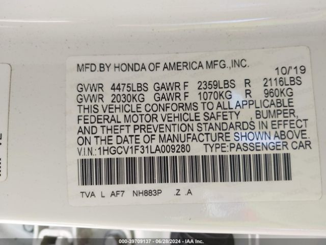 1HGCV1F31LA009280 Honda Accord Sport