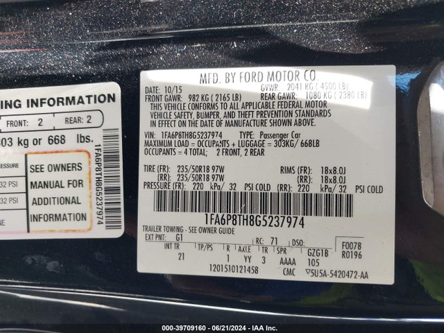 Ford Mustang Ecoboost 2016 1FA6P8TH8G5237974 Image 9
