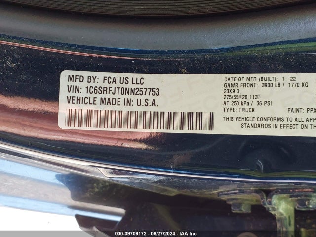 1C6SRFJT0NN257753 RAM 1500 Laramie  4x4 5'7 Box