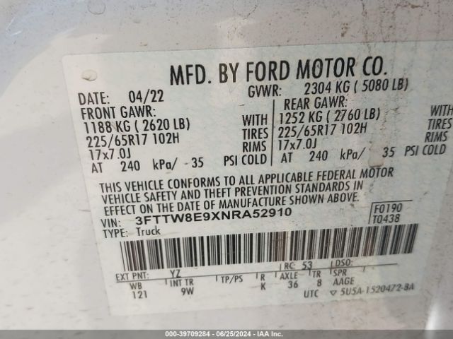 3FTTW8E9XNRA52910 Ford Maverick Xl