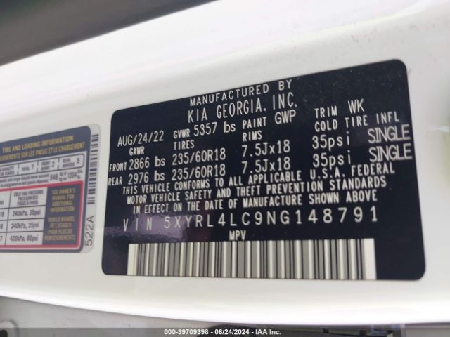 5XYRL4LC9NG148791 KIA SORENTO S