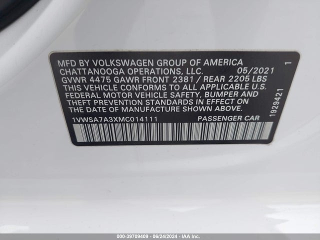 Volkswagen Passat 2.0t Se 2021 1VWSA7A3XMC014111 Image 9