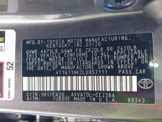 Toyota CAMRY SE 2020 4T1G11AK2LU953111 Image 9