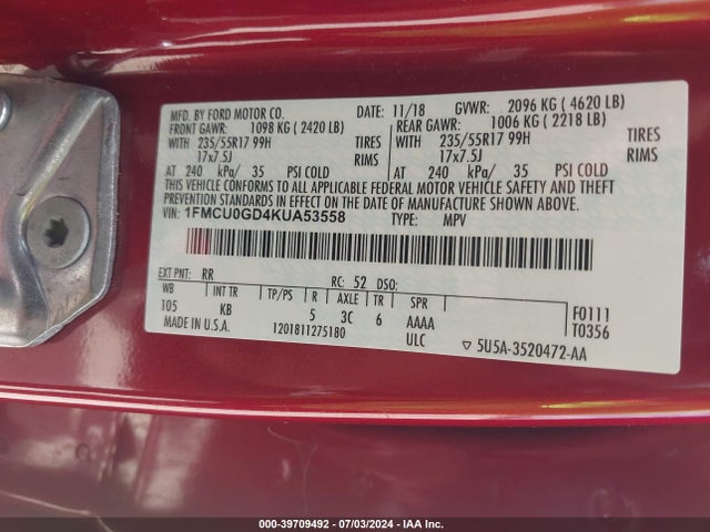 Ford ESCAPE SE 2019 1FMCU0GD4KUA53558 Image 9