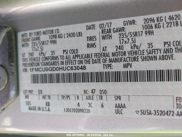 Ford ESCAPE SE 2017 1FMCU0GD0HUC63048 Image 9