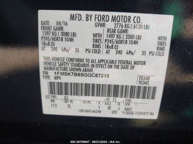 1FM5K7B85GGC87215 Ford Explorer