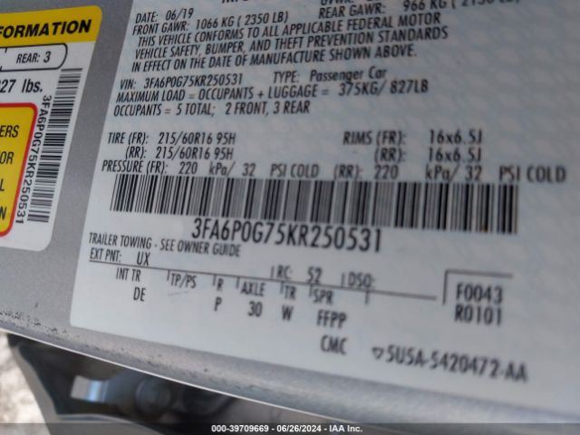 3FA6P0G75KR250531 Ford FUSION S