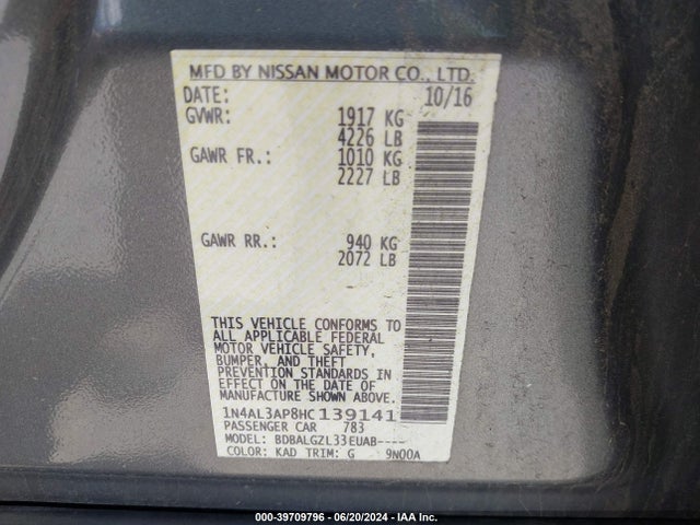 39709796 :رقم المزاد ، 1N4AL3AP8HC139141 vin ، 2017 Nissan Altima 2.5/2.5 S/2.5 Sl/2.5 Sr/2.5 Sv مزاد بيع