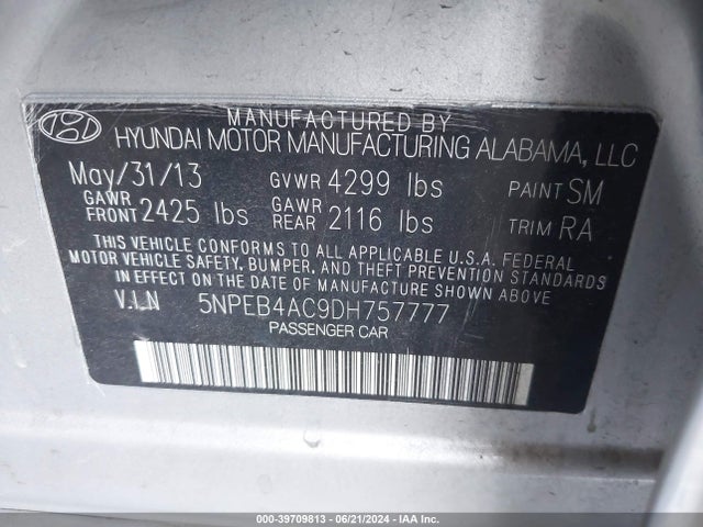 Aukcja sprzedaży 2013 Hyundai Sonata Gls, vin: 5NPEB4AC9DH757777, numer aukcji: 39709813