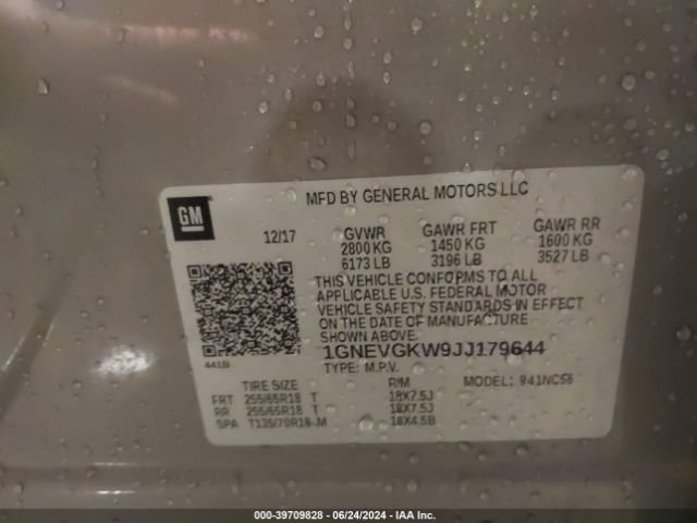 1GNEVGKW9JJ179644 Chevrolet Traverse 1lt