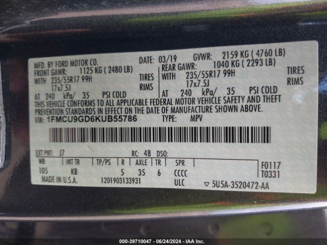 1FMCU9GD6KUB55786 Ford ESCAPE SE