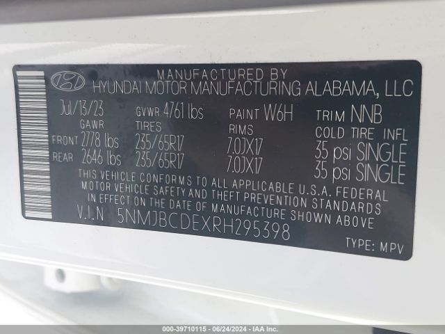 5NMJBCDEXRH295398 Hyundai TUCSON SEL
