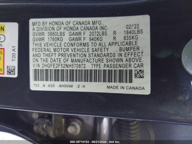 2HGFE2F52NH570872 Honda Civic Sport