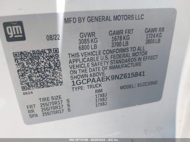 1GCPAAEK9NZ615841 Chevrolet Silverado 1500 2wd  Short Bed Wt