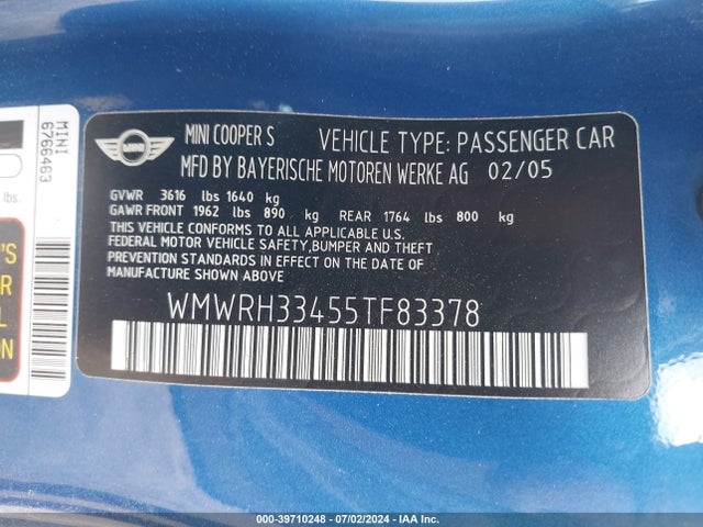 2005 MINI COOPER S WMWRH33455TF83378 Photo 8