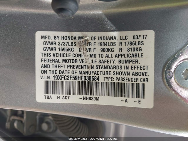 Honda Civic Lx 2017 19XFC2F59HE038684 Image 9