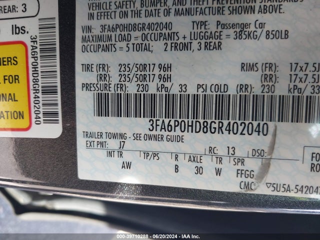 Ford FUSION SE 2016 3FA6P0HD8GR402040 Image 9