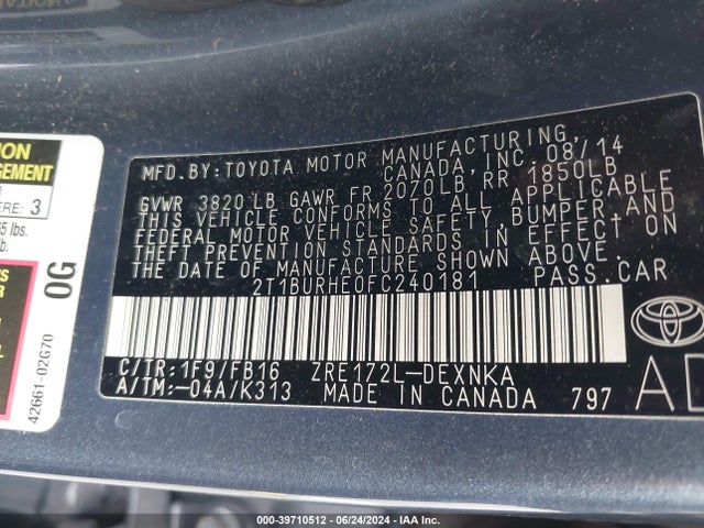 Toyota COROLLA LE 2015 2T1BURHE0FC240181 Image 9