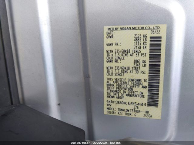 5N1BT3BB0NC695484 Nissan Rogue Sv Intelligent Awd