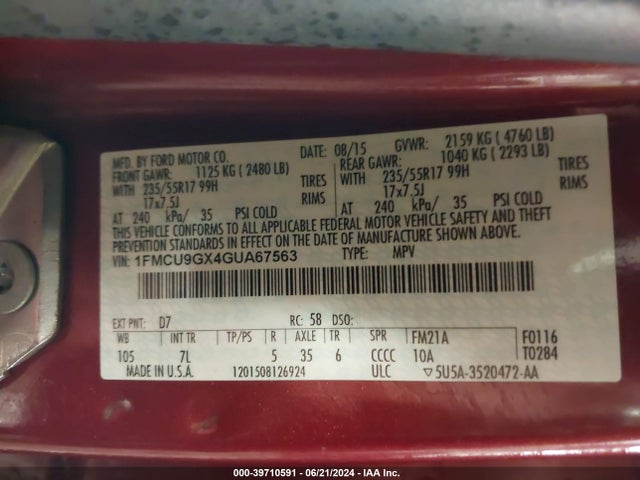 Ford ESCAPE SE 2016 1FMCU9GX4GUA67563 Image 9