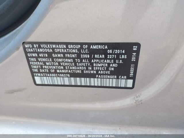1VWAT7A33EC105275 Volkswagen Passat 1.8t Wolfsburg Edition