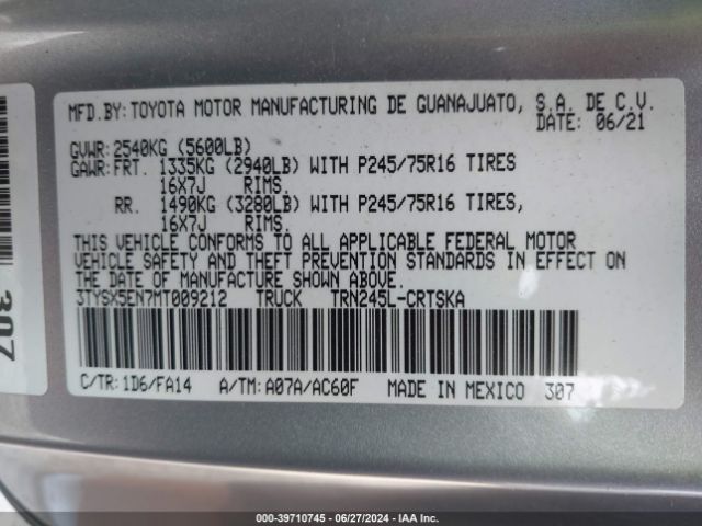 3TYSX5EN7MT009212 Toyota Tacoma Sr