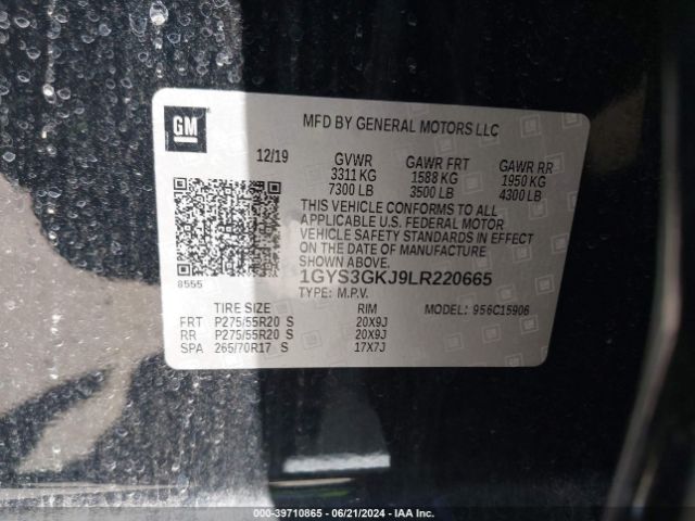 1GYS3GKJ9LR220665 Cadillac Escalade Esv 2wd