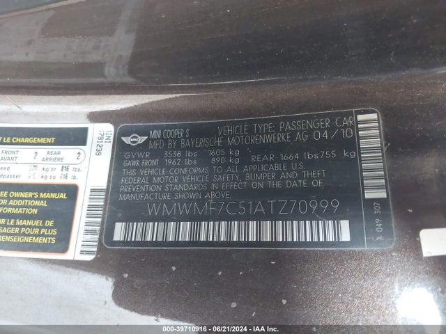 2010 MINI COOPER S WMWMF7C51ATZ70999 Photo 8