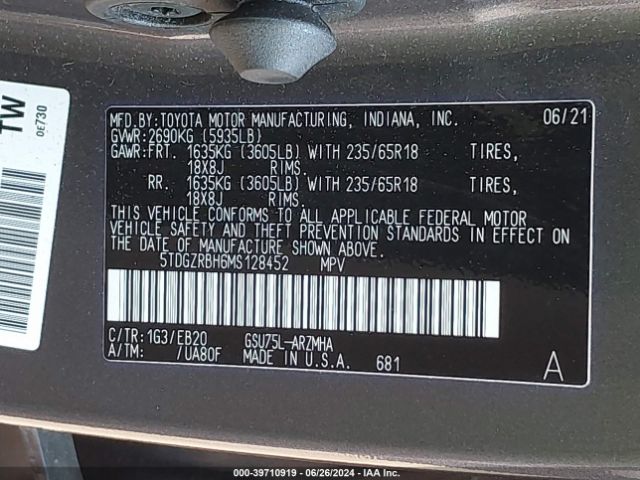 5TDGZRBH6MS128452 Toyota Highlander Xle