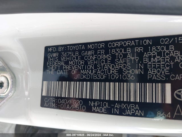Toyota Prius C Two 2015 JTDKDTB30F1091036 Image 9