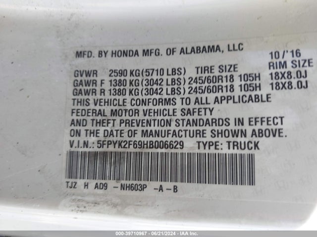 Honda Ridgeline Rtl-t 2017 5FPYK2F69HB006629 Image 9