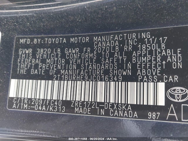 Toyota COROLLA SE 2018 2T1BURHE9JC016349 Image 9