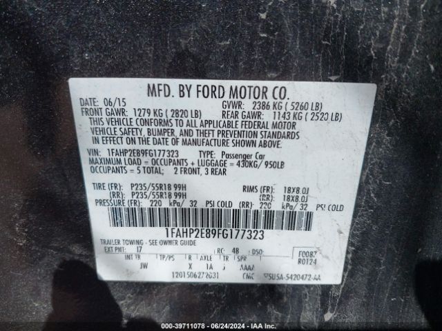 1FAHP2E89FG177323 Ford TAURUS SEL