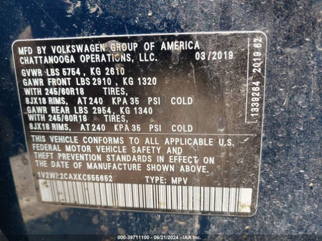 1V2WR2CAXKC555652 Volkswagen Atlas 3.6l V6 Se W/technology