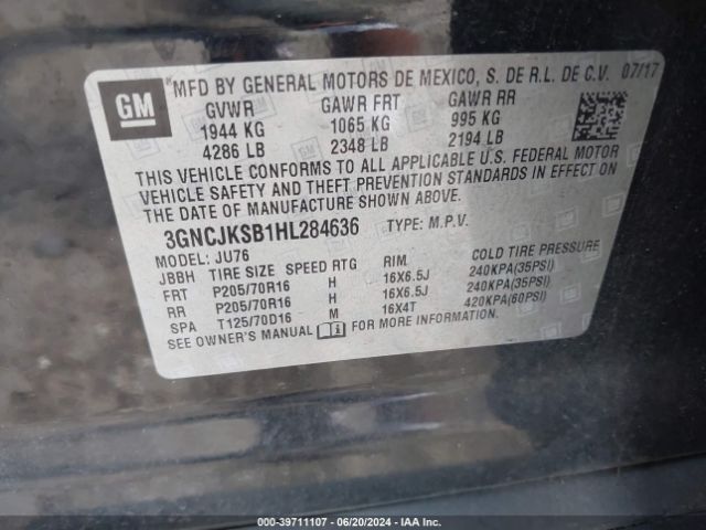 3GNCJKSB1HL284636 Chevrolet TRAX LS