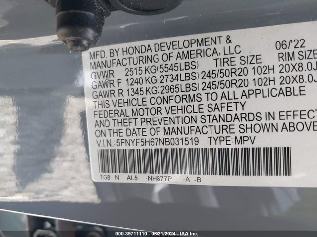 5FNYF5H67NB031519 Honda Pilot 2wd Touring 7 Passenger