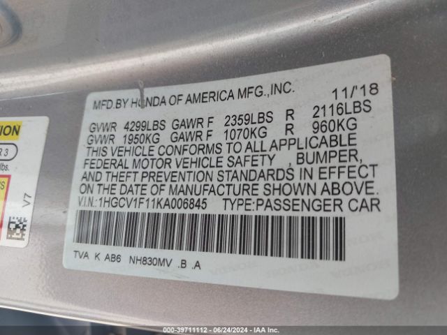 1HGCV1F11KA006845 Honda ACCORD LX