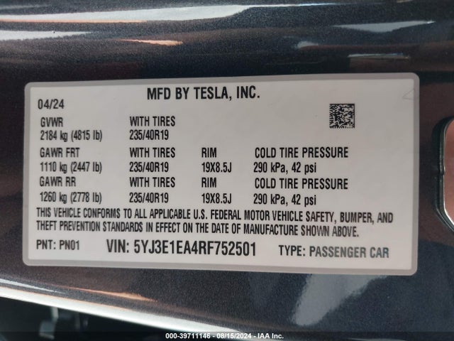 2024 TESLA MODEL 3 5YJ3E1EA4RF752501 Photo 8