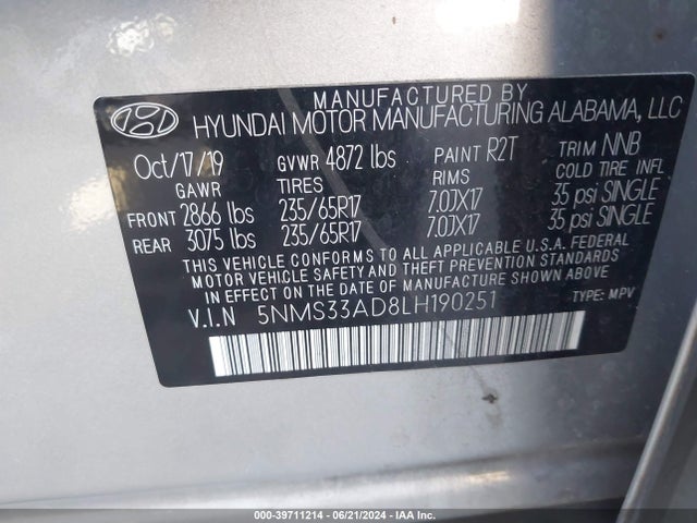 5NMS33AD8LH190251 Hyundai Santa Fe Sel