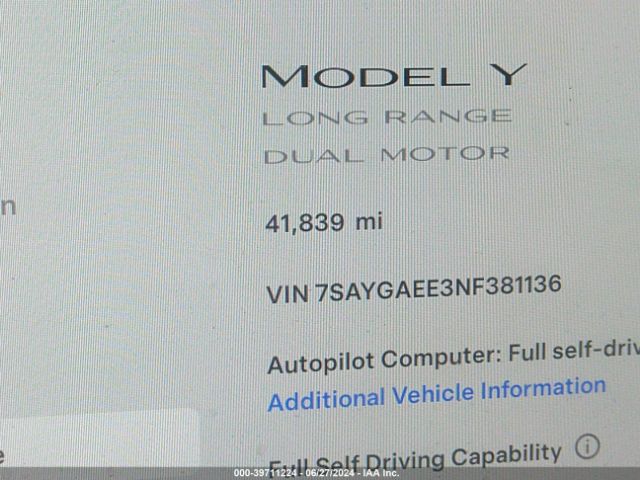 7SAYGAEE3NF381136 Tesla Model Y Long Range Dual Motor All-wheel Drive